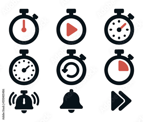 Modern Timer Icons. Solid, filled icons set of stopwatch and timer hands: red second hand, start icon, lap