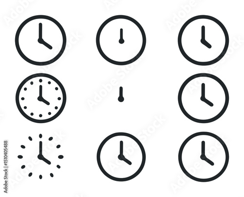 Minimalist Clock Icons. Solid, filled icons set of modern minimalist clock hands: thin hour line, short minute