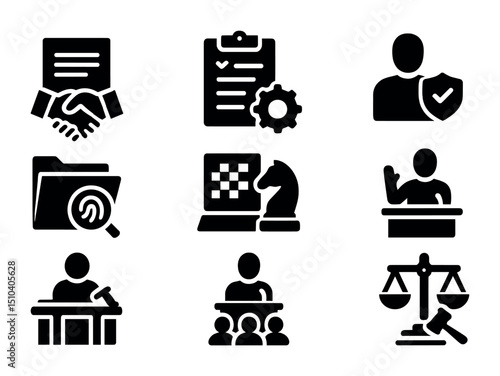 Legal Defense Icons. Solid, filled icons set of legal defense process: plea agreement, trial preparation,