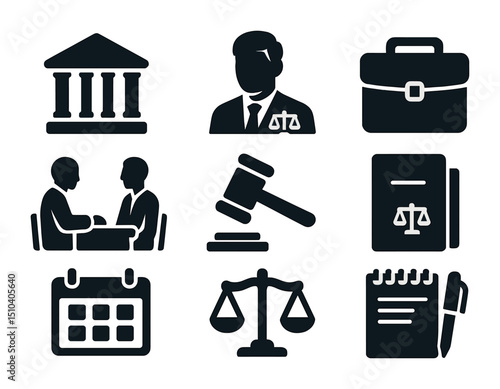 Justice Icons Grid. Solid, filled icons set of public defenders and their role in the justice system: