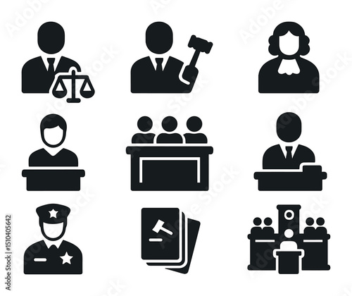 Courtroom Role Icons. Solid, filled icons set of courtroom roles and functions: public defender, prosecutor,