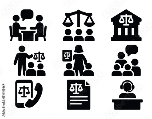 Legal Aid Icon Set. Solid, filled icons set of legal aid and access to justice: free consultation icon,