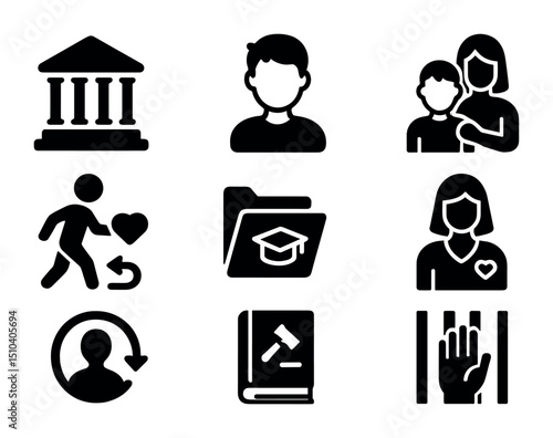 Youth Defense Icons. Solid, filled icons set of youth and juvenile defense: juvenile court, teen client,