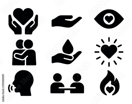 Empathy Icon Grid. Solid, filled icons set of empathy and compassion: shared heart, caring hand, empathy eyes,