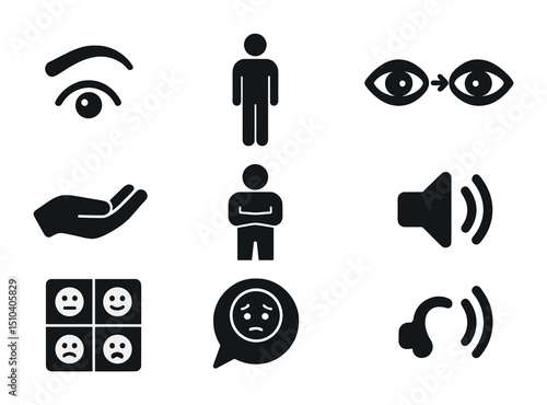 Non-Verbal Cues Icons. Solid, filled icons set of reading non-verbal cues: raised eyebrow, body posture, eye