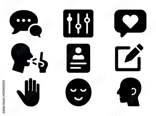 Emotional Expression Icons. Solid, filled icons set of expressing feelings constructively: "I feel" bubble,
