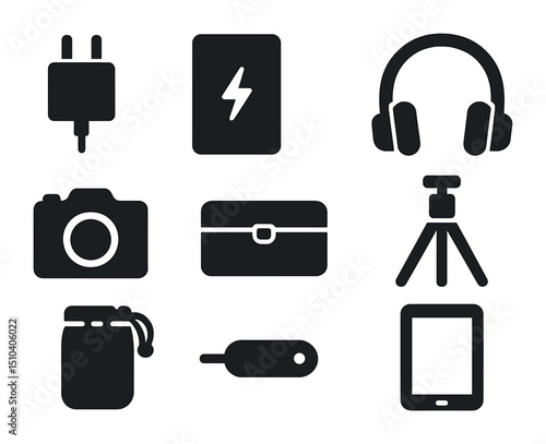 Vacation Gadget Icons. Solid, filled icons set of vacation tech and gadgets: phone charger, power bank,