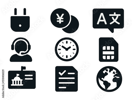 Travel Essentials Icons. Solid, filled icons set of international travel prep: adapter plug, foreign currency,