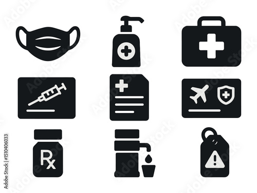 Travel Safety Icons. Solid, filled icons set of travel health and safety: mask icon, sanitizer bottle,