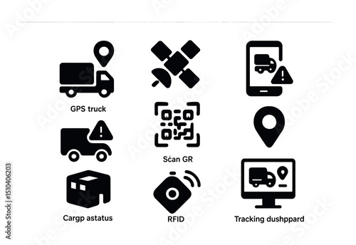Shipment Tracking Icons. Solid, filled icons set of real-time shipment tracking: GPS truck, satellite icon,