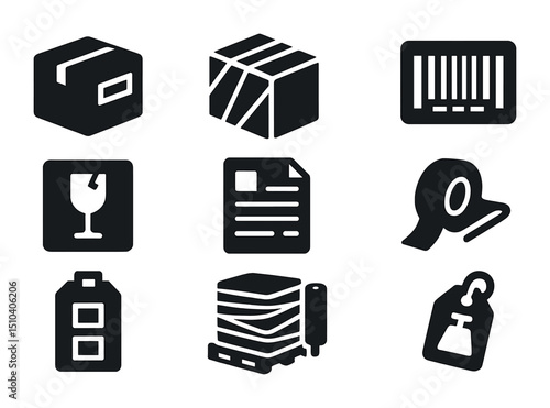 Packaging Icons Grid. Solid, filled icons set of commercial packaging and labeling: labeled box, shrink wrap,