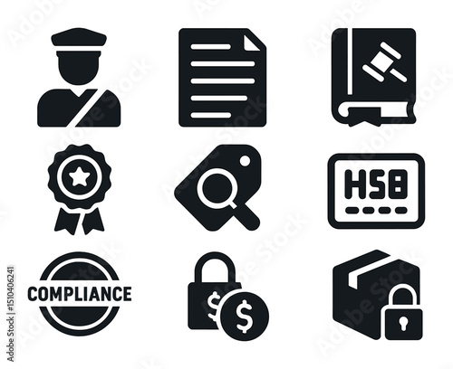Customs Compliance Icons. Solid, filled icons set of customs and compliance in shipping: customs officer icon,