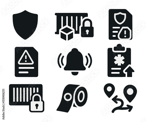 Risk Management Icons Set. Solid, filled icons set of risk management and shipping security: shield icon,