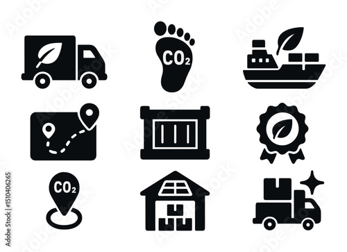 Eco-Friendly Logistics Icons. Solid, filled icons set of sustainability in shipping logistics: eco truck,