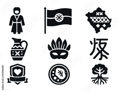 Cultural Heritage Icons. Solid, filled icons set of cultural heritage exploration: traditional costume,