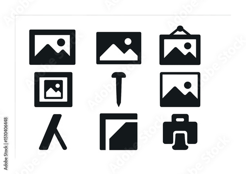 Picture Frame Icons. Solid, filled icons set of framed picture: wooden frame, photo print, wall hanger, mat