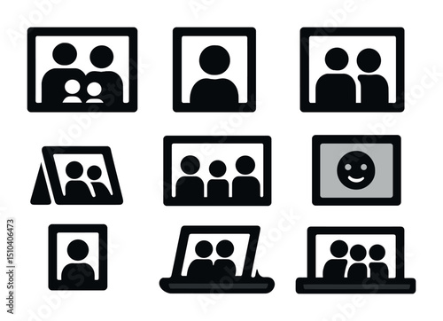 Framed Family Photo Icons. Solid, filled icons set of framed family photos: family portrait, child picture,