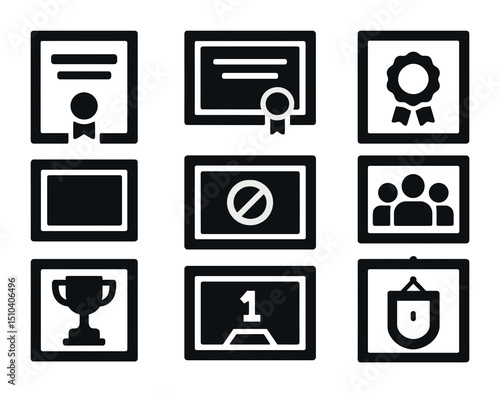 Office Icons Collection. Solid, filled icons set of office and workspace framed items: degree frame,