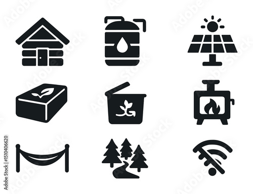 Eco-Cabin Icon Collection. Solid, filled icons set of eco-cabin getaways: wooden cabin, rainwater tank,