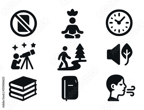 Digital Detox Icons. Solid, filled icons set of digital detox travel: no phone sign, mindfulness icon, analog