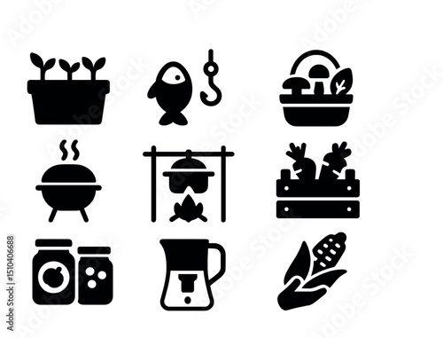 Self-Sufficient Food Icons. Solid, filled icons set of self-sufficient food sources: portable garden, fishing
