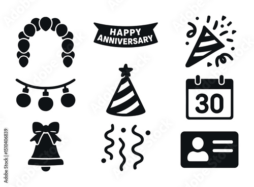 Anniversary Party Icons. Solid, filled icons set of anniversary party decor: balloon arch, “Happy Anniversary”