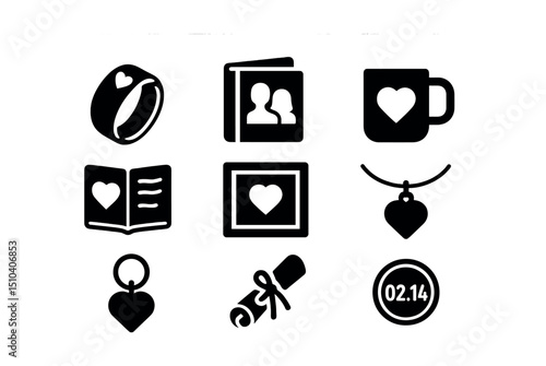Personalized Gift Icons. Solid, filled icons set of personalized anniversary gifts: engraved ring, photo book,
