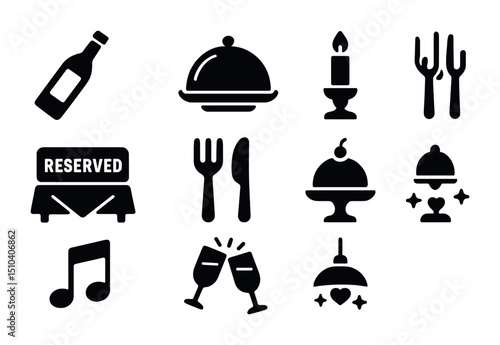Anniversary Celebration Icons. Solid, filled icons set of anniversary dinner celebration: wine bottle, fancy