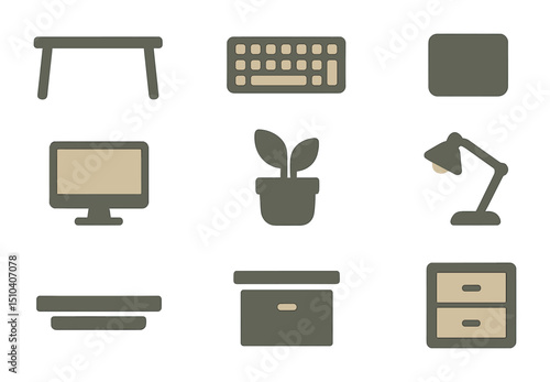 Minimalist Workspace Icons. Solid, filled icons set of minimalist home workspace: clean desk, wireless