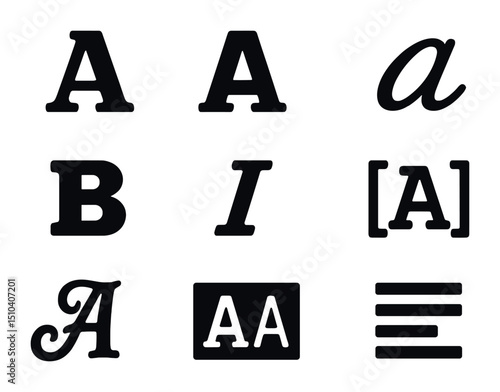 Typography Icon Grid. Solid, filled icons set of typography styles: serif letter, sans-serif font, script type