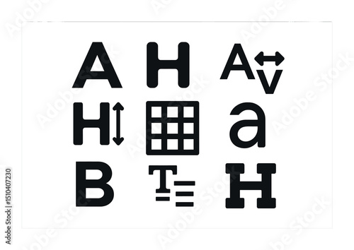 Modern Typeface Icons. Solid, filled icons set of modern type design elements: geometric font, clean lines,