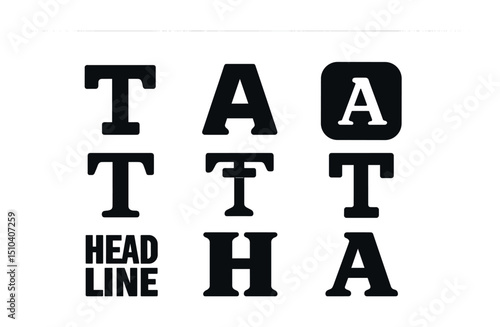 Modern Font Icons. Solid, filled icons set of display and headline fonts: large title, bold cap, all caps icon