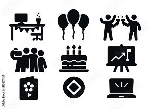 Office Celebration Icons. Solid, filled icons set of office celebration after funding: decorated desk,