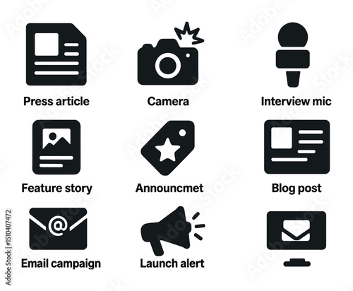 Media Icons Grid. Solid, filled icons set of press and media moments post-funding: press article, camera flash