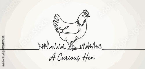 Single Line Drawing of a Curious Hen in Grass