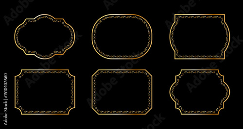 Vintage frames set isolated on black background. Decorative gold frame. Fashionable ornate frames for wedding invitations, greeting cards, prints.