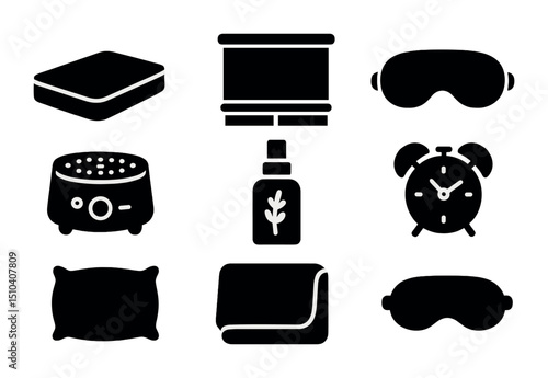 Sleep Optimization Icons. Solid, filled icons set of sleep optimization in home: mattress, blackout shades,