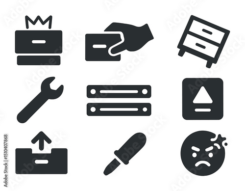Jammed Drawer Icons. Solid, filled icons set of opening a jammed drawer: stuck drawer, hand pulling, tilted