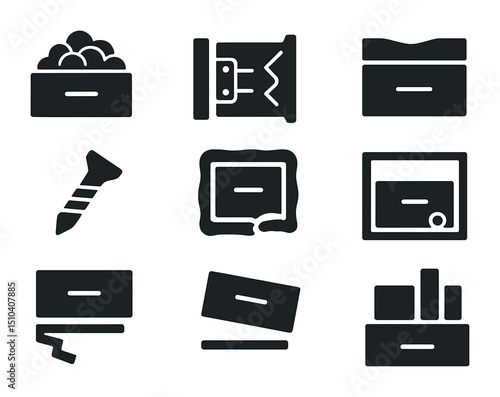 Drawer Jam Icons. Solid, filled icons set of common causes of jammed drawers: overfilled drawer, misaligned