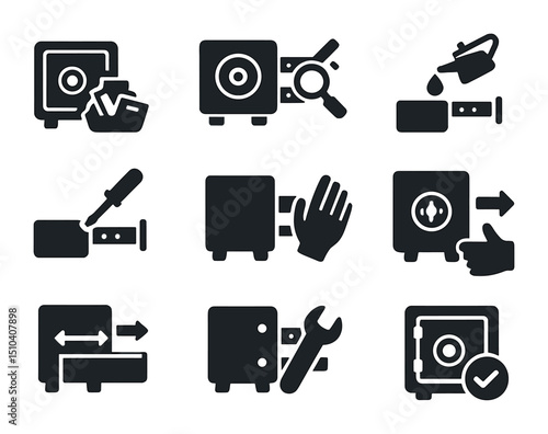 Drawer Repair Icons Grid. Solid, filled icons set of safe drawer repair steps: clear items, inspect rails,