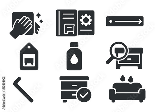 Furniture Care Icons. Solid, filled icons set of furniture care and maintenance: polish cloth, maintenance log