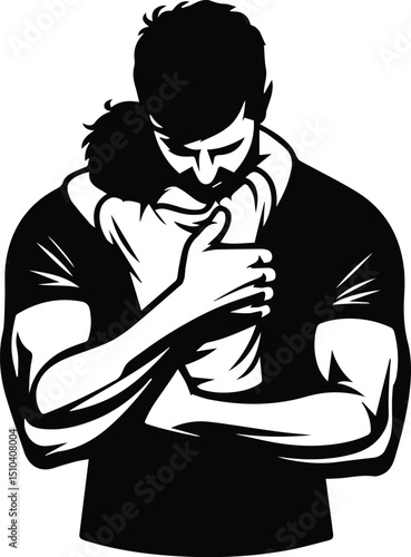 Father warmly embracing child from behind vector illustration