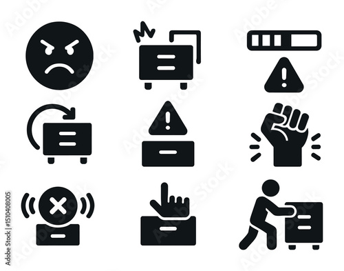 Drawer Frustration Icons. Solid, filled icons set of drawer-related frustration icons: angry face, stuck icon,