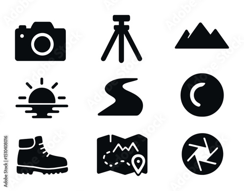 Photography Expedition Icons. Solid, filled icons set of photography expeditions for landscape lovers: DSLR