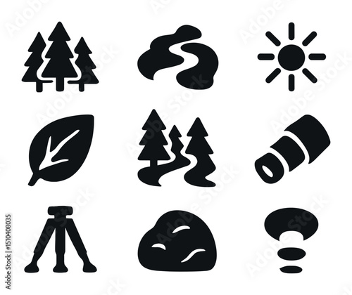 Forest Photography Icons. Solid, filled icons set of forest landscape shooting: dense trees, mist trail,