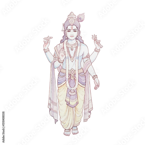 Watercolour Illustration of Lord Vishnu on Transparent PNG Background