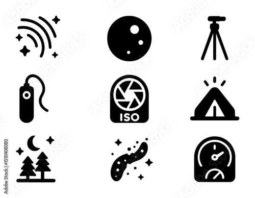Night Photography Icons. Solid, filled icons set of night landscape photography: star trail, full moon, tripod