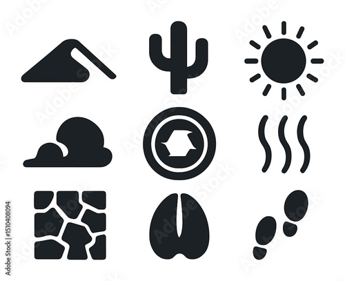 Desert Expedition Icons. Solid, filled icons set of desert photography expeditions: sand dune, cactus icon,