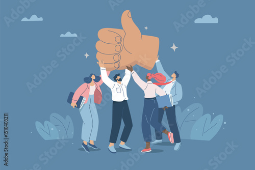 Business team holding a big hand with thumbs up, Likes, Approval, Symbol of unity, Support, Teamwork, Common success, Flat vector design illustration.