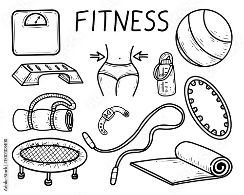 Fitness set body care. Hand drawn doodle illustration. Weight loss. Weighing. Sports equipment for training in gym. Active lifestyle. Yoga, jumping. Trampoline, hoop. Vector line art collection.
